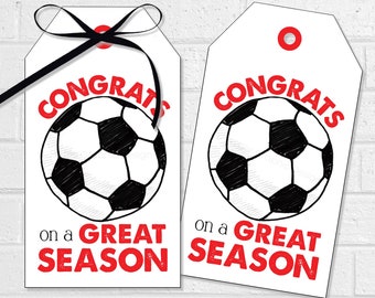 Soccer Great Season Tags, Printable End of Season Party Soccer Favor Gift Tags or Stickers in Red, Ball Team Thank You Treats