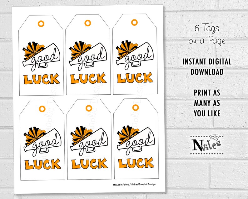 Good Luck Cheer Tags, Orange Cheerleading Team Treat Labels, Printable Poms Gift Tags or Stickers, Spirit Squad Dance Team Treat Tags image 4