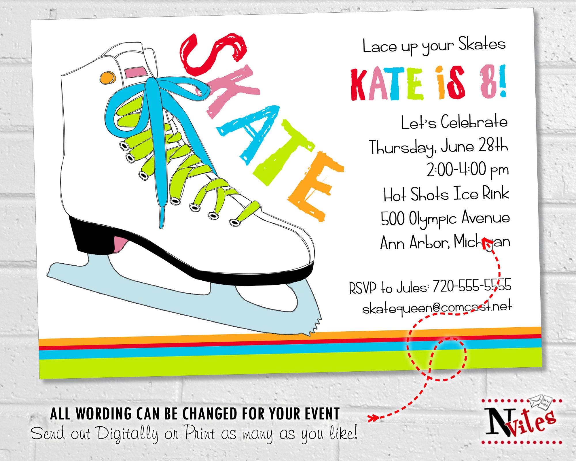 Ice Skating Birthday Party Invitation, Printable Winter Skate Party, 80s Colorful Ice Skate Invite - Etsy