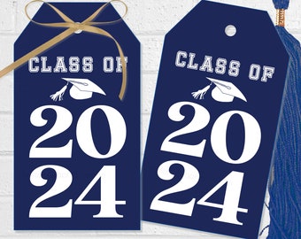 Klasse van 2024 Afstuderen Treat Tags, 2024 Grad Party Favor of Bedankt Tags en Labels, Afdrukbare Bold Navy Graduation Party Decor