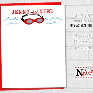 Schwimmnotizkarten oder -anhänger, druckbares Schwimmbriefpapier, personalisiertes Geschenk für Team oder Schwimmer, Poolparty-Dankeschönnotizen, Schwimmbrillenkarten