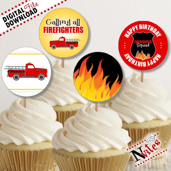 Fireman Party Cupcake Toppers Firefighter Cupcakes Fire Truck Party Fire Truck Tags Fireman Birthday Party Fire Truck Decor Printable