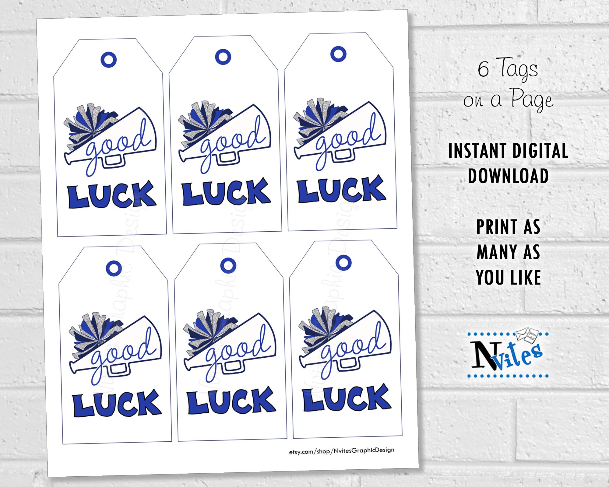 Cheerleading Good Luck Tags, Blue Poms, Spirit Squad Treat Labels ...