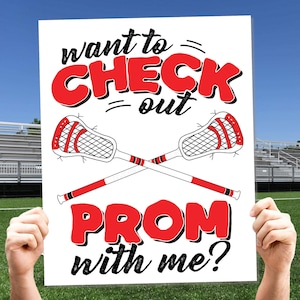 Plakat z propozycją balu Lacrosse, plakat LAX Want to Check Out Prom With Me, plakat z prośbą o randkę w szkole średniej do wydrukowania dla gracza Lacrosse