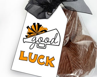 May include: A clear plastic bag containing chocolate treats, topped with a white rectangular gift tag. The tag features a black megaphone graphic with an orange and black pom-pom, the word good in script, and the word LUCK in orange.