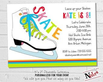 Ice Skating Birthday Party Invitation, Printable Winter Skate Party, 80s Colorful Ice Skate Invite