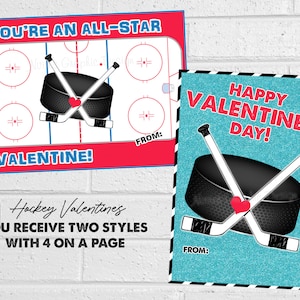 Hockey Valentijnskaarten, valentijnskaarten hockey voor kinderen, Afdrukbare sport-valentijnskaarten, hockey-goodiebaglabels