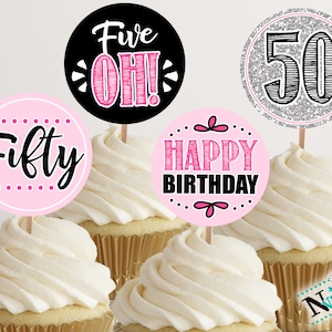Adornos y etiquetas para cupcakes de 50 cumpleaños, fiesta de hitos para damas, decoración imprimible para fiestas, pegatinas redondas de cumpleaños para mamá