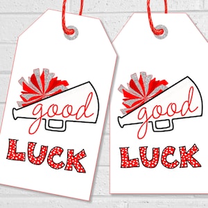 Good Luck Cheer Tags, Cheerleading Team Treat Labels, Printable Red Poms Gift Tags or Stickers, Spirit Squad Dance Team Treat Tags image 1