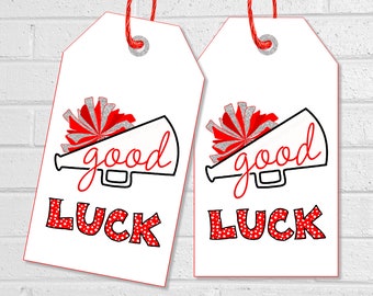 Good Luck Cheer Tags, Cheerleading Team Treat Labels, Printable Red Poms Gift Tags or Stickers, Spirit Squad Dance Team Treat Tags