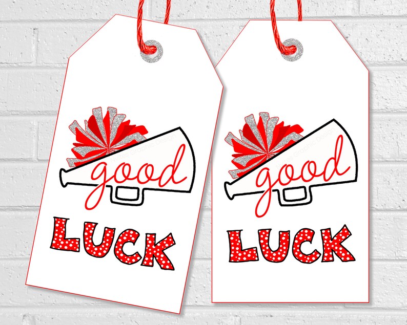 Good Luck Cheer Tags, Cheerleading Team Treat Labels, Printable Red Poms Gift Tags or Stickers, Spirit Squad Dance Team Treat Tags image 1