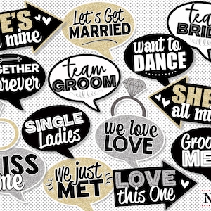 Wedding Photo Booth Props, Team Bride and Groom Reception Selfie Station Signs, Printable Wedding Party Prop in Black White Gold and Silver