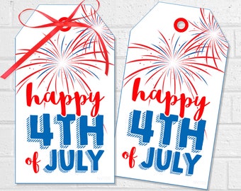 Printable Fourth of July Gift Tag, Happy Fourth of July Fireworks Hang Tag, 4th of July Favor Tag, Patriotic Red White and Blue Label