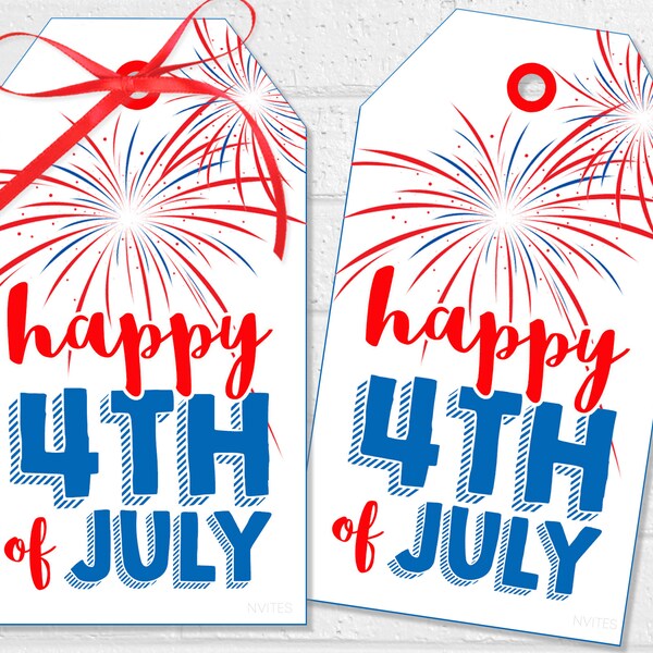 Printable Fourth of July Gift Tag, Happy Fourth of July Fireworks Hang Tag, 4th of July Favor Tag, Patriotic Red White and Blue Label