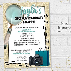 Shopping Scavenger Hunt Invitation, Photo Scavenger Hunt Birthday Party, Mall Search Birthday Party, Teen Birthday Activity