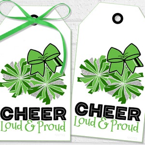 Tagi szczęścia na konkurs cheerleaderek, etykiety smakołyków dla zespołu cheerleaderek, drukowane zielone pompony jako etykiety lub naklejki, prezenty dla zespołu tanecznego Spirit Squad