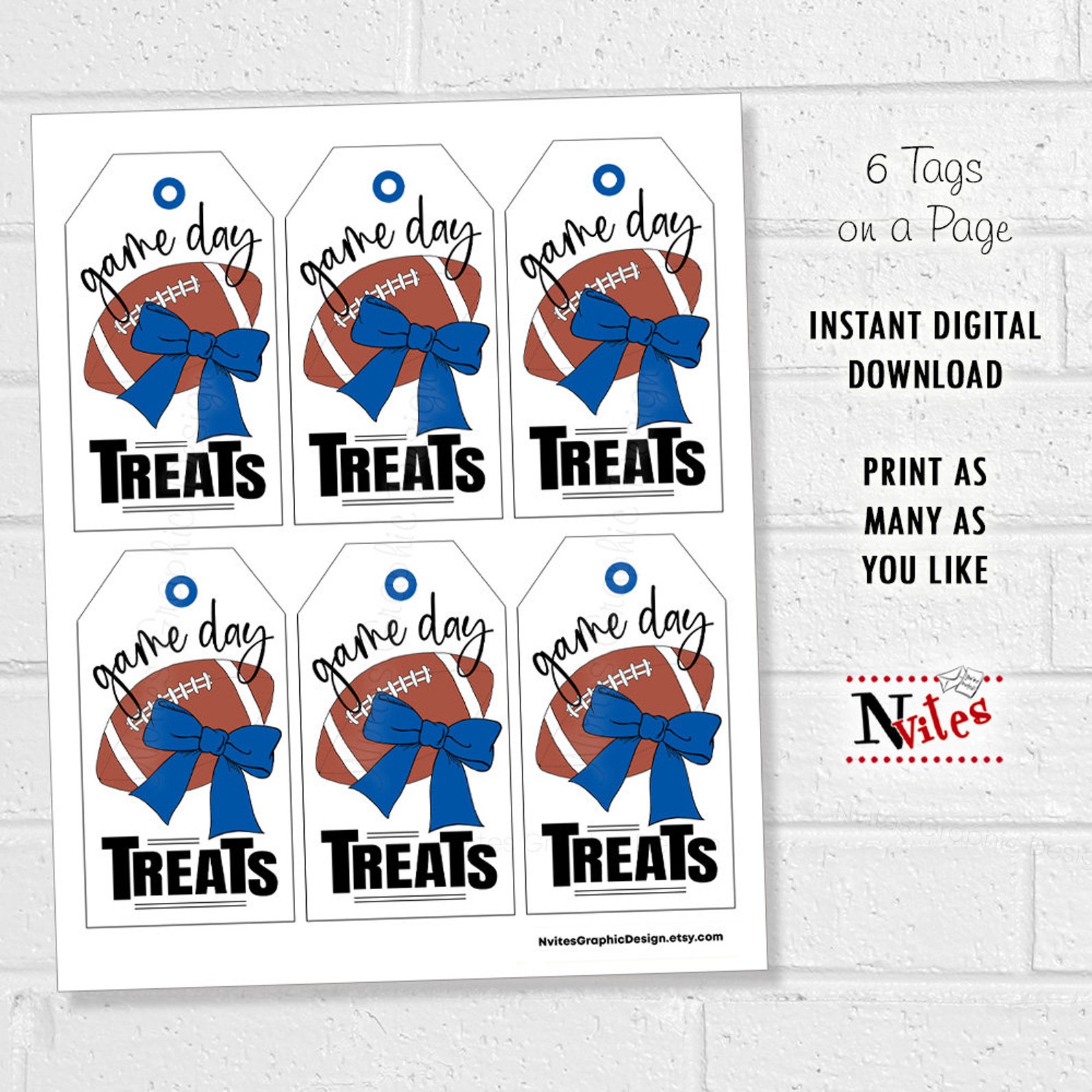 Football Treat Tags, Royal Blue Bow, Game Day Goodie Bag (printable PDF ...