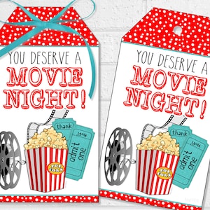 Film Tags, Geschenkkarten zur Wertschätzung für Lehrer, druckbare Filmnacht Danke, Mitarbeiter oder Arbeiter Danke