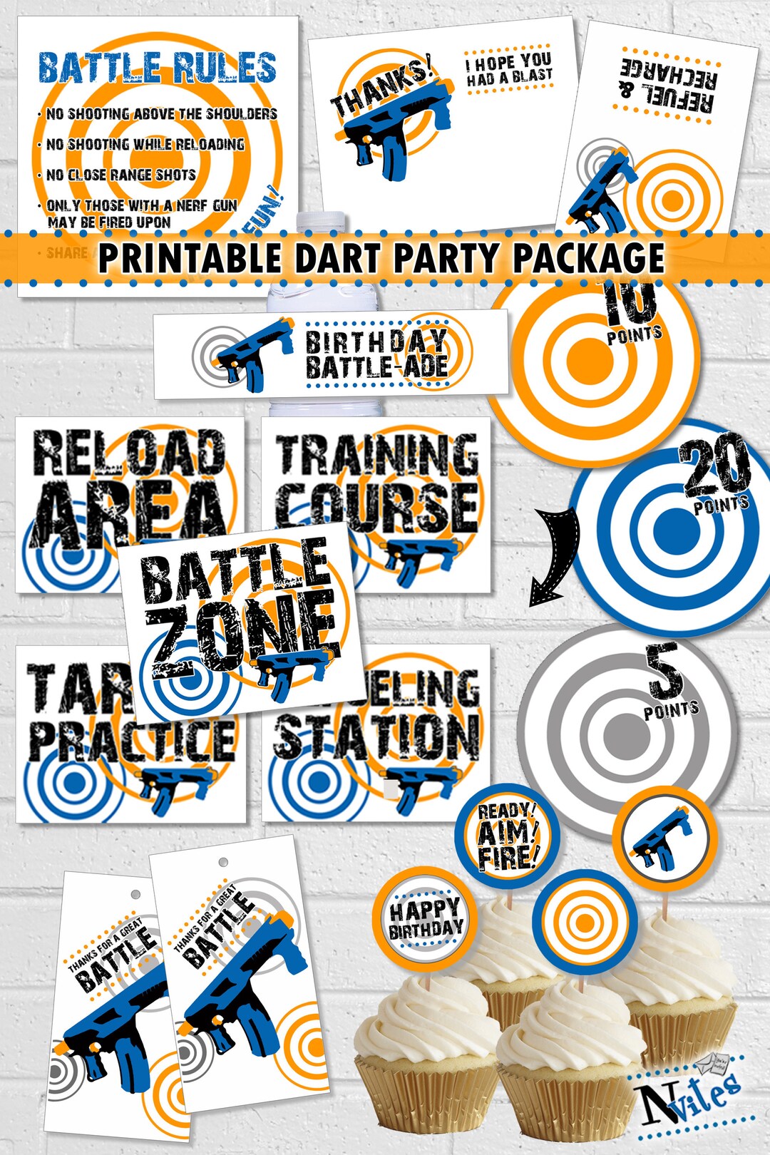 Dart Party Package, Dart Gun Battle Birthday Party Bundle, Printable