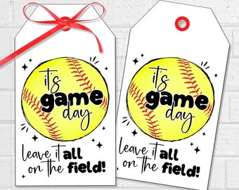 Softbal Game Day Good Luck Tags, Team Tournament Treat Label, Laat het op het veld Snacks, Afdrukbare Softbal Party Favor Tags of Stickers