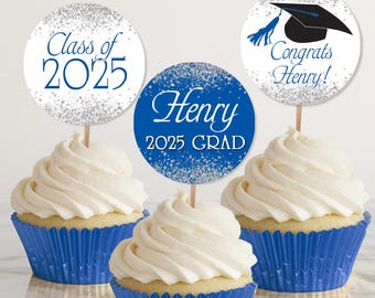 Graduation Cupcake Toppers 2025, Personalized Graduation Party Decor in School Colors, Class of 2025 Printable 2 Inch Round Labels