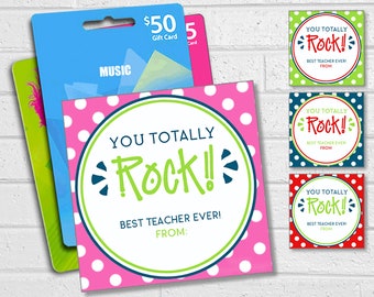 You Totally Rock Teacher Appreciation Tags, Printable Thank You Card for Teacher, Rocking Polka Dots Teacher Gift Card Tag, Music Theme Card