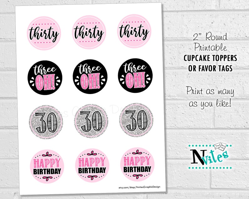 30th Birthday Cupcake Toppers or Tags Happy 30th Birthday Etsy
