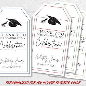 Etiquettes de remerciement personnalisées pour l'obtention du diplôme, promotion 2025 pour bonbons ou cadeaux, décoration de fête de remise des diplômes imprimable aux couleurs de l'école