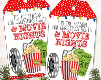 Christmas Movie Gift Card Tags, Holiday Movie Night Gift, Teacher Thank You Card, Printable Movie Night and Christmas Lights Tags