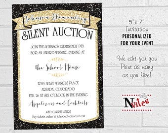 Auction Fundraiser Invitation, School Silent Auction Event, Glittery Night at the Movies Gala Event, PTA or PTO Fundraiser Event Invite