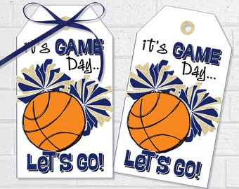 Cheer and Basketball Good Luck Tags, Basketball Game Treats, Printable Navy and Gold Poms Labels or Stickers for Cheerleading Snack Bags