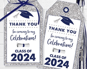 2024 Afstudeer Tags, Klasse van 2024 Party Favor Tags, Grad Thank You Tags en Labels, Afdrukbare zilveren en Marine Afstudeerfeest Decoraties