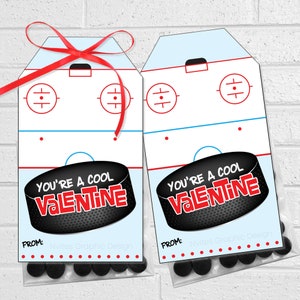 Hockeyvalentijnskaarten, kinderijshockeybaan Valentijnsdagtraktatie- of snacklabels, afdrukbare You're a Cool Valentine-kaart, schaatsgoodiebaglabels