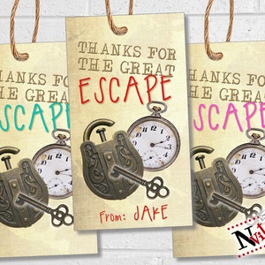 Escape Room-bedankje-tags voor feest, afdrukbare Escape Room-tags verjaardagsbedankje, tags en labels voor mysterie- of puzzelkamer