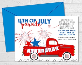 Défilé du 4 juillet, fête de décoration du défilé du vélo, invitation du défilé du quartier du vélo du 4 juillet, fête de l'indépendance imprimable