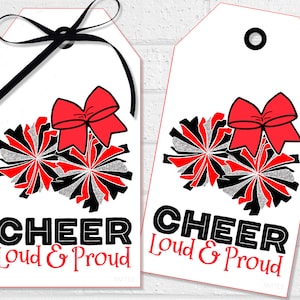 Étiquettes Cheer Good Luck, étiquettes de régal pour l'équipe de pom-pom girls, étiquettes de faveur à pompons imprimables ou autocollants, étiquettes de régal pour l'équipe de danse Red Spirit Squad