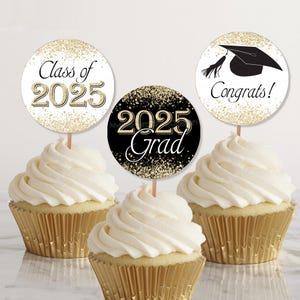 Adornos para cupcakes de graduación 2025, etiquetas y calcomanías redondas de graduación, decoración imprimible con purpurina dorada para fiesta de graduación de la clase 2025