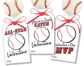 Baseball Valentine Tags, You're a Great Catch and MVP Valentine Cards, Printable All Star Baseball Valentine's Day Gift Tags and Team Treats