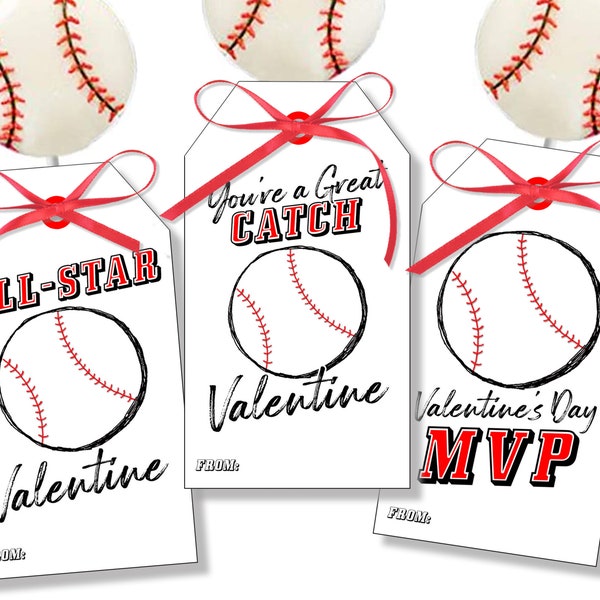 Baseball Valentine Tags, You're a Great Catch and MVP Valentine Cards, Printable All Star Baseball Valentine's Day Gift Tags and Team Treats