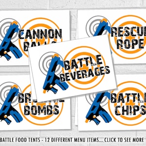 Etiquetas para comida de fiesta de dardos, etiquetas para menú de guerra de dardos, refrigerios para fiesta de batalla de cumpleaños, tarjetas de menú plegables imprimibles para mesa.