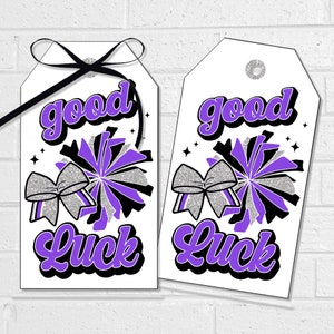 Étiquettes porte-bonheur, étiquettes de régal pour l'équipe de pom-pom girls, imprimables pompons violets et étiquettes cadeaux ou autocollants noeud, collations de l'équipe de danse Spirit Squad