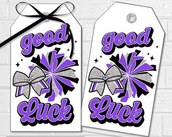 Veel geluk Cheer Tags, Cheerleading Team Treat Labels, afdrukbare paarse Poms Gift Tags of Stickers, Spirit Squad Dance Team Treat Tags