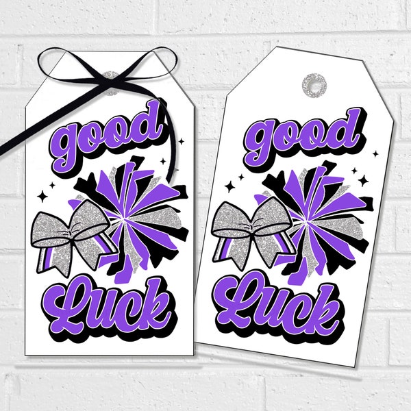 Cheer Good Luck Tags, Purple Silver Poms Bow Gifts (Printable PDF)