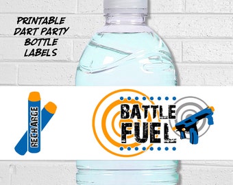 Battle Fuel Drink Labels, Water Bottle or Sports Drink Wrappers, Printable Dart War Birthday Party Beverages, Recharge Rehydrate Tags