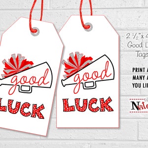 Good Luck Cheer Tags, Cheerleading Team Treat Labels, Printable Red Poms Gift Tags or Stickers, Spirit Squad Dance Team Treat Tags image 2