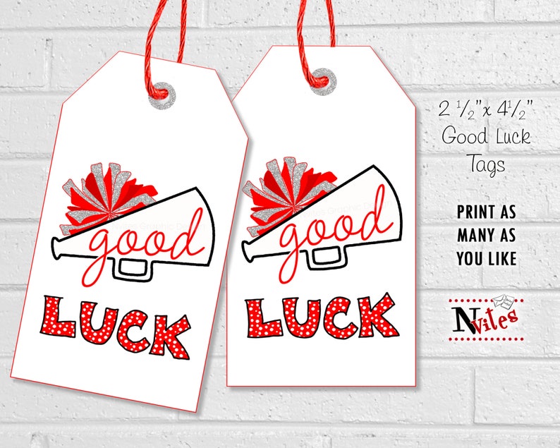 Good Luck Cheer Tags, Cheerleading Team Treat Labels, Printable Red Poms Gift Tags or Stickers, Spirit Squad Dance Team Treat Tags image 2