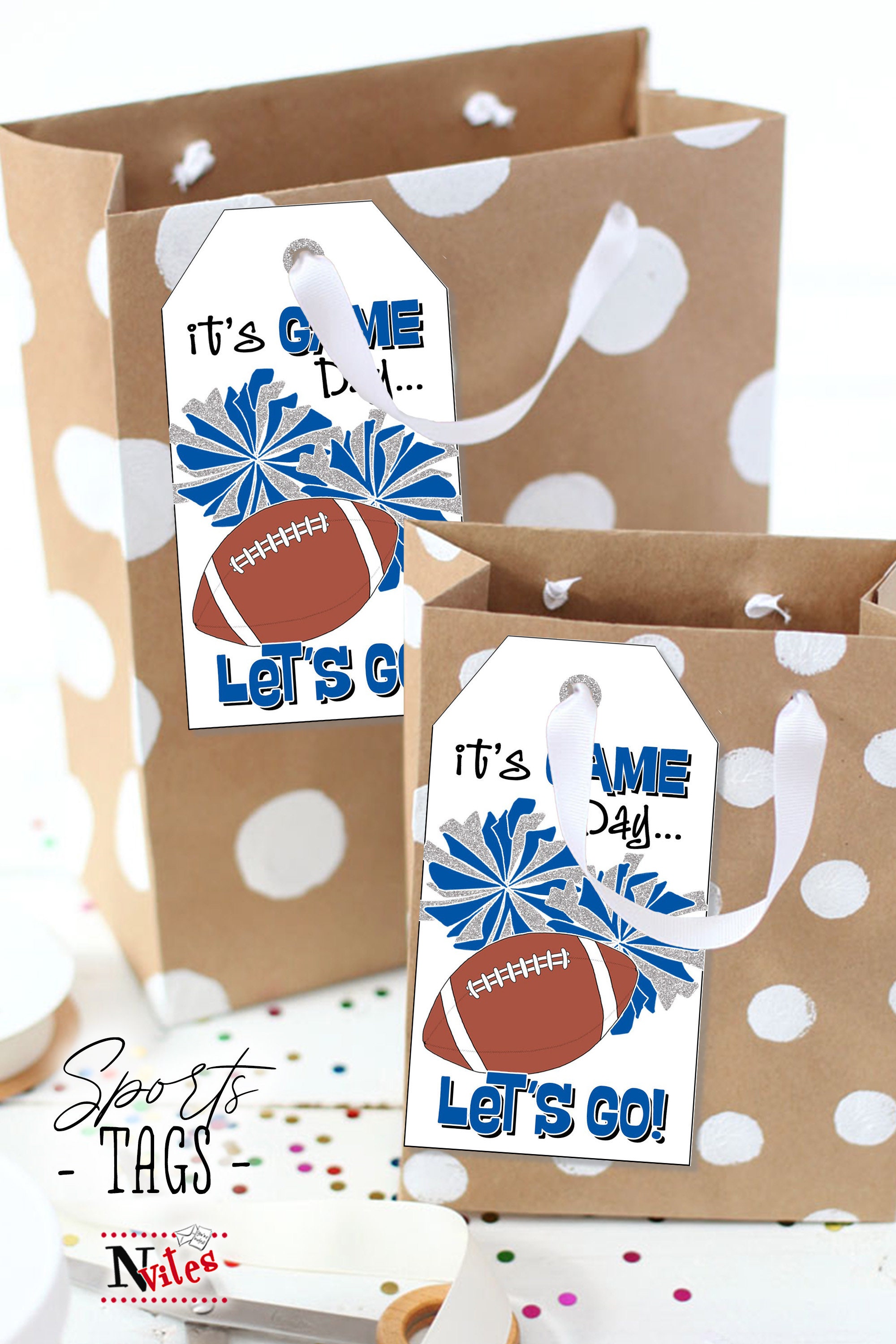 Cheer Football Game Day Tags, Good Luck Blue Silver Poms Snack Labels ...
