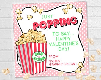 Popcorn Valentine Cards, Kids Printable Popcorn Classroom Valentines, Just Poppin School or Class Valentine Tags, Just Popping By Tag