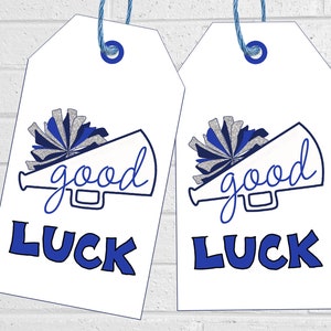 Étiquettes Cheer Good Luck, étiquettes de régal pour l'équipe de pom-pom girls, étiquettes de faveur ou autocollants imprimables pompons bleus, étiquettes de régal de l'équipe de danse Spirit Squad