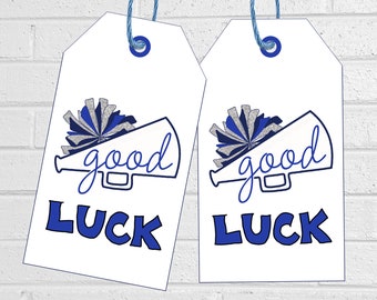 Cheer Good Luck Tags, Cheerleading Team Treat Labels, Printable Blue Poms Favor Tags or Stickers, Spirit Squad Dance Team Treat Tags